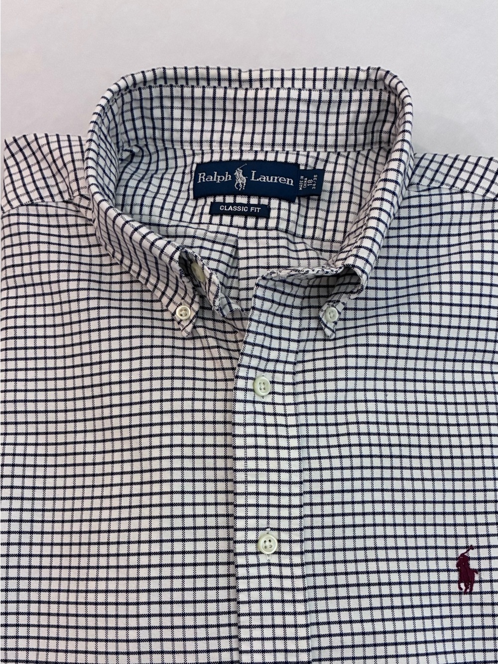 Sz 18 34/35 Ralph Lauren Classic Fit Navy Blue White Long Sleeve Shirt